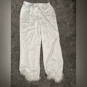 Lulu's White Satin Pajamas with Feather Trim